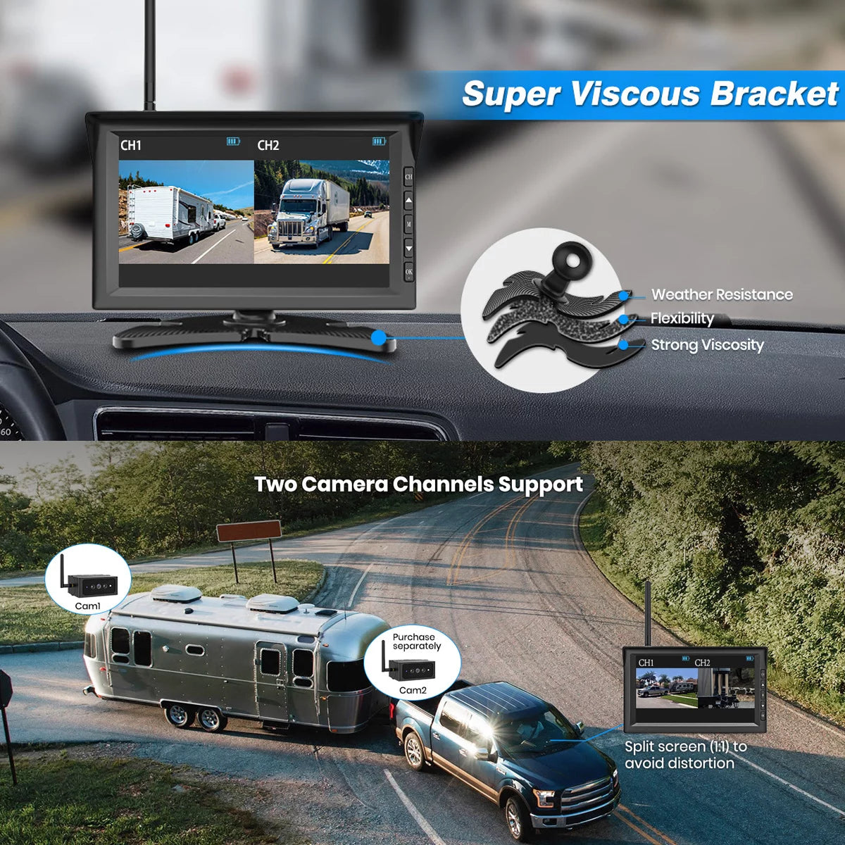 Auto-Vox Solar RV Backup Camera 2 Channel Wireless Reverse Camera Systems, 7" Monitor Rear View Back Up Camera for Campervans, Trailer