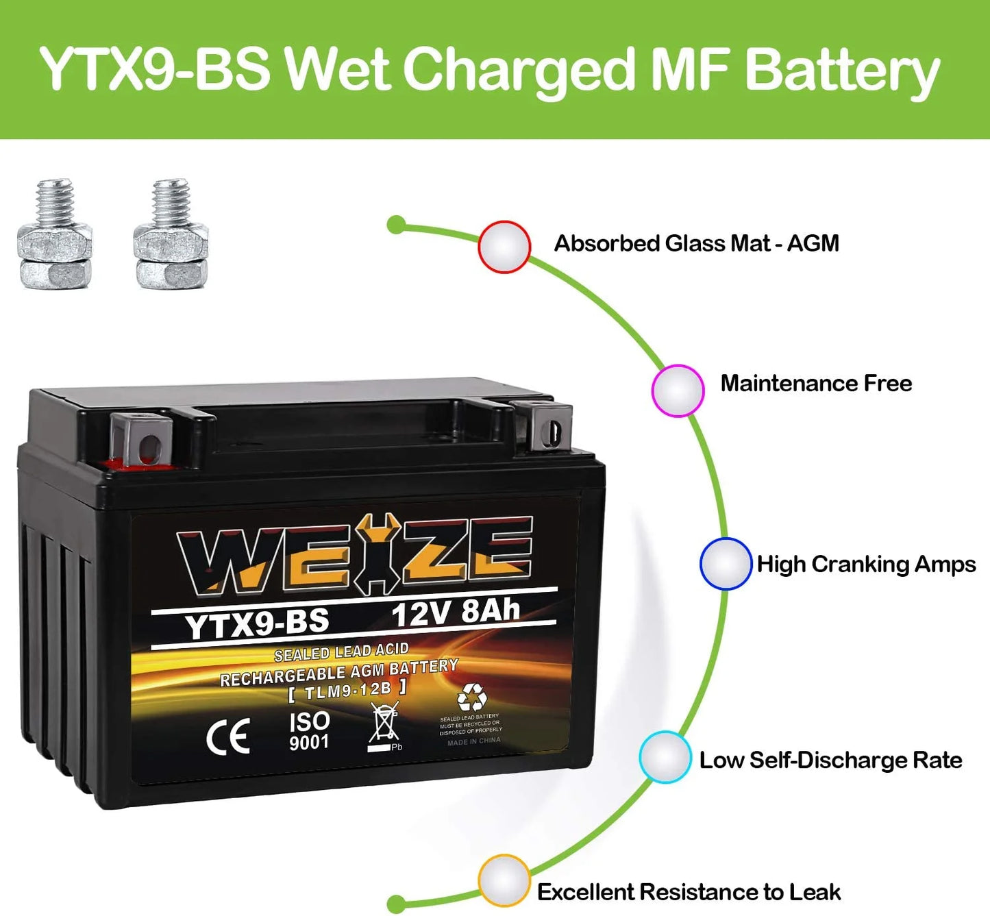 YTX9-BS High Performance Maintenance Free Sealed AGM Motorcycle ATV Battery