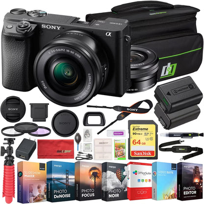 Sony ILCE-6400L a6400 Mirrorless APS-C Interchangeable-Lens Camera with 16-50mm Lens Bundle with 64GB Memory Card, Photo and Video Editing Suite, Camera Bag, 40.5mm Filter Kit and Camera Battery