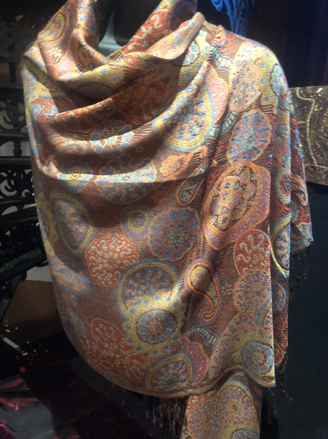 Vintage Brown Orange Paisley Brocade Pashmina Scarf Wrap