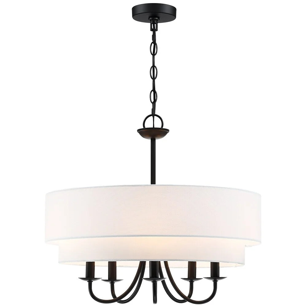 TRUE FINE Martina 5-Light Black Chandelier Light with White Double Drum Shade - 21.5"W