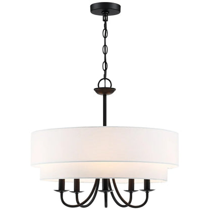 TRUE FINE Martina 5-Light Black Chandelier Light with White Double Drum Shade - 21.5"W