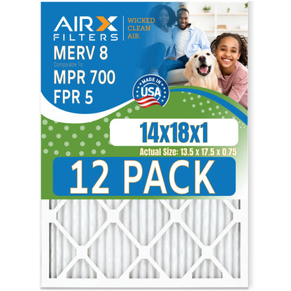 14x18x1 Air Filter MERV 8 Rating, 12 Pack of Furnace Filters Comparable to MPR 700 & FPR 5 - Made in USA by AIRX FILTERS WICKED CLEAN AIR.