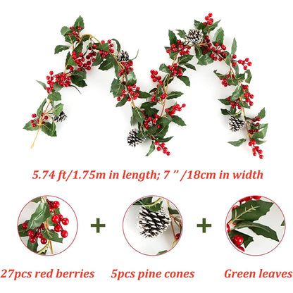 Blosmon Christmas Garland Decorations 2 Pcs 5.9Ft Artificial Red Berry Garland Christmas Leaves Pinecones Indoor Outdoor DIY for Fireplace Kitchen Door Party Holiday Decor