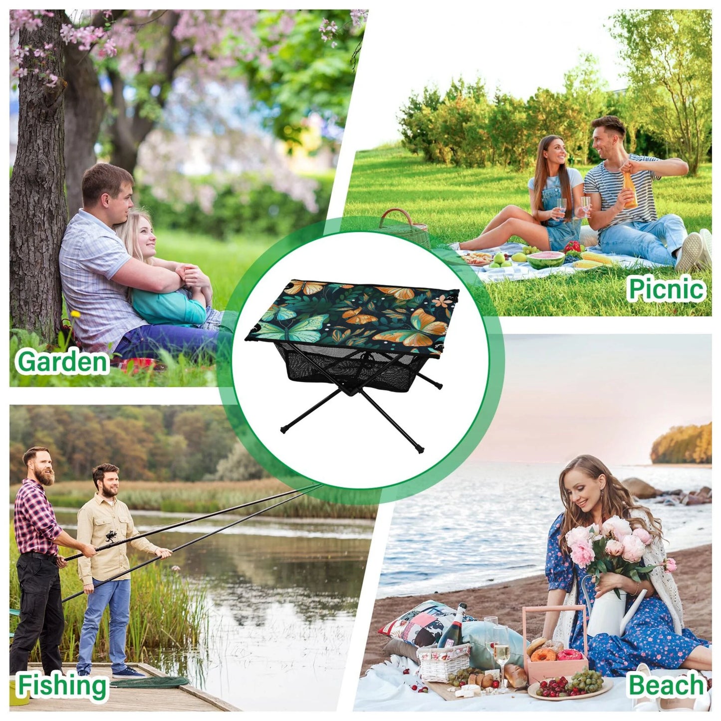 Butterfly Floral Leave Camping Folding Table Portable Beach Table with Storage Bag Compact Picnic Table for Outdoor Travel Fishing BBQ