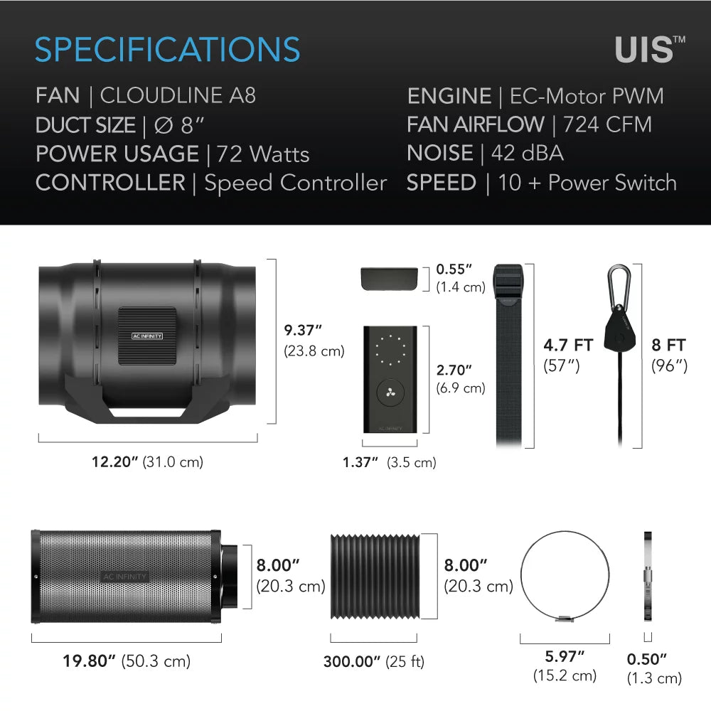AC Infinity Air Filtration Kit 8", CLOUDLINE Inline Fan and Carbon Filter Combo, Cooling and Ventilation System for Grow Tents, Hydroponics, Indoor Gardening