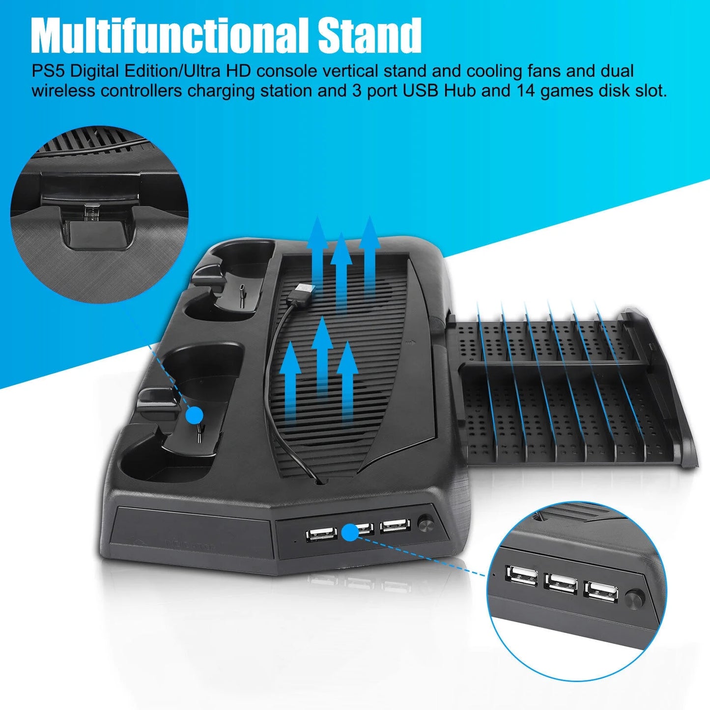 Charging Dock For PS5 Controller w/Console Stand Cooling Fans 14 Games Disk Slot