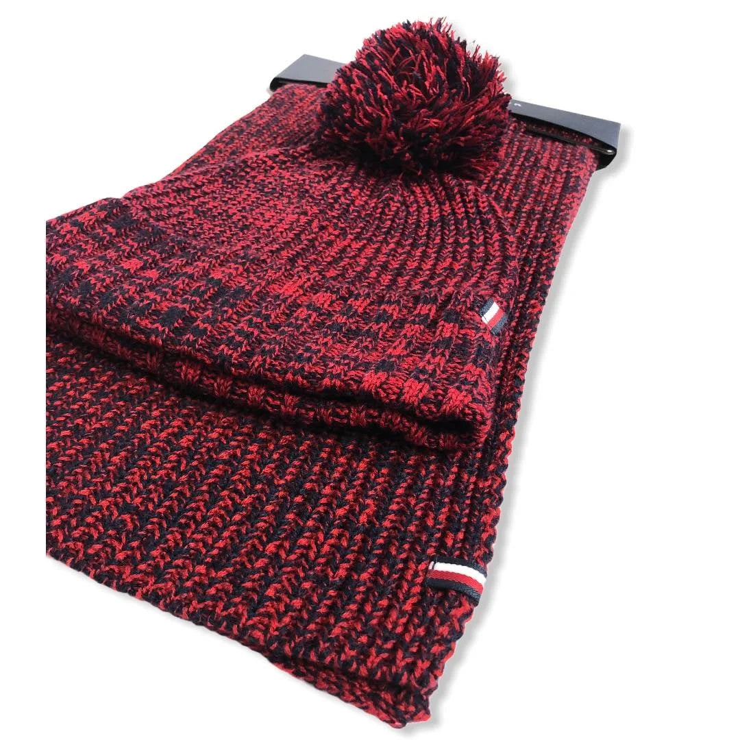 Tommy Hilfiger Logo Hat and Scarf Set Red and Navy