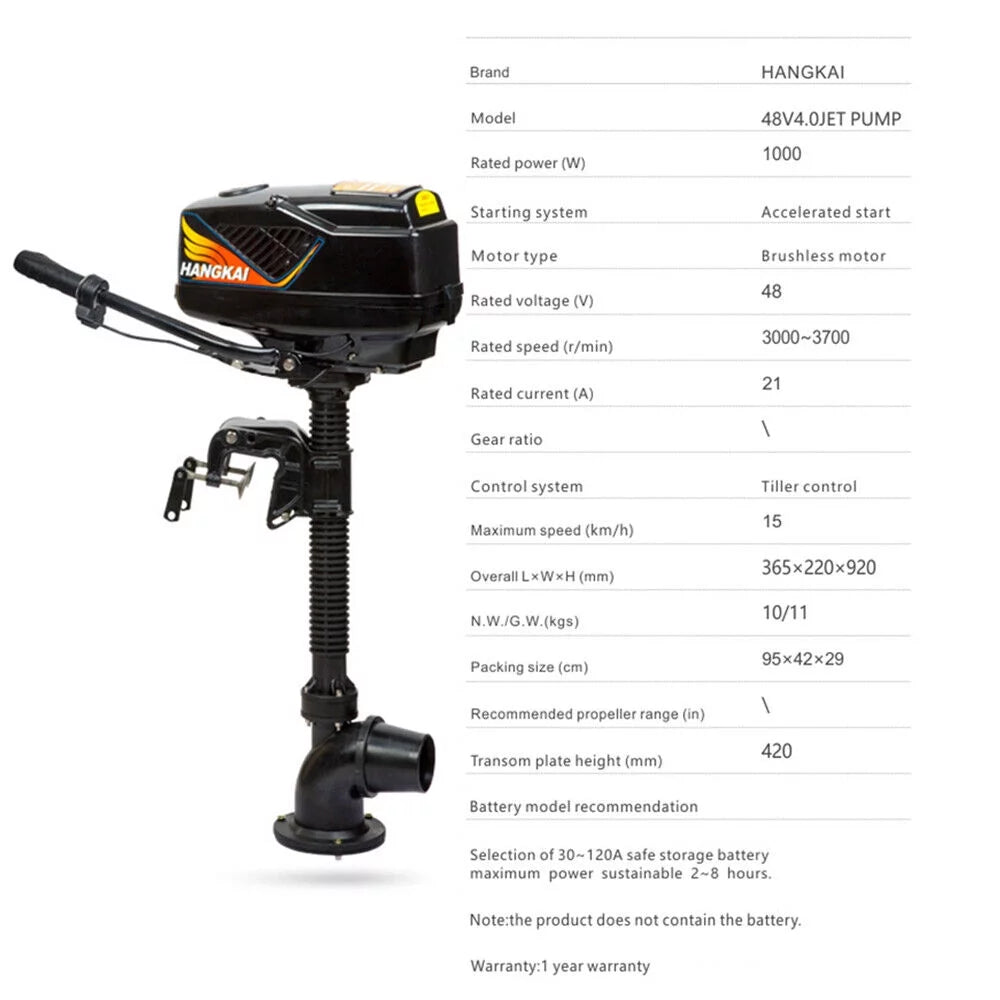 4.0HP 1000W Outboard Trolling Motor Brushless Fishing Boat Engine Jet Pump