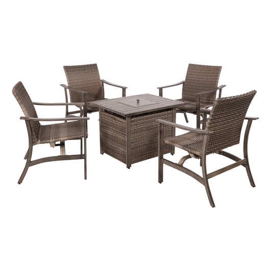 5 Piece Patio Furniture Set with Fire Pit Table, 4 Wicker Rocking Motion Chairs & 33.8"x27.2" 15000 BTU Propane Gas Firepit Table, All-Weather Outdoor Conversation Set for Yard Garden Deck