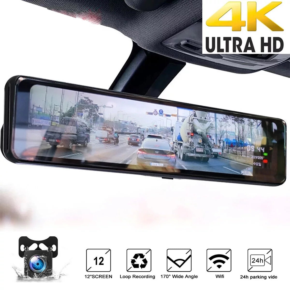 4K Mirror Dash Cam Backup Camera 12" Large Full Touch Screen Front and Rear View Camera HD Waterproof Backup Car Camera 170° Wide Angle, Starlight Night Vision, Parking Monitor