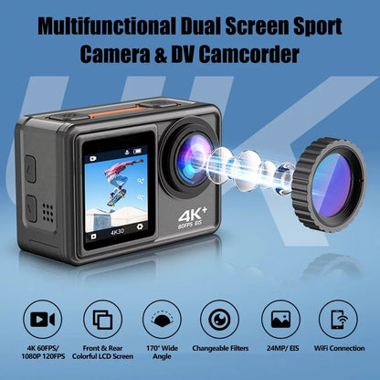 4K 24MP Dual Screen Sport DV Camcorder 2.0 Inch Screen 170° Wide Angle EIS 40m Waterproof WiFi with Macro CPL ND4 8 16 Purple Lens for Outdoor Sports