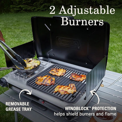 YUNWEN Classic 2-in-1 Camping Grill/Stove with 2 Adjustable Burners, Propane Grill/Stove with Push-Button Starter, Wind Guards, Grease Tray, & 20,000 BTUs of Power for Camping, Tailgating, & More