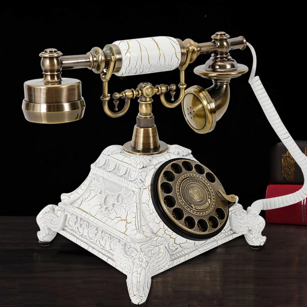 Rotary Dial Telephone Old-Fashioned Retro European Antique Landline Practical Wired Telephone Decoration Resin Desktop Antique Machine Elegant and Chic for Office Hotel Home Decoration (White)