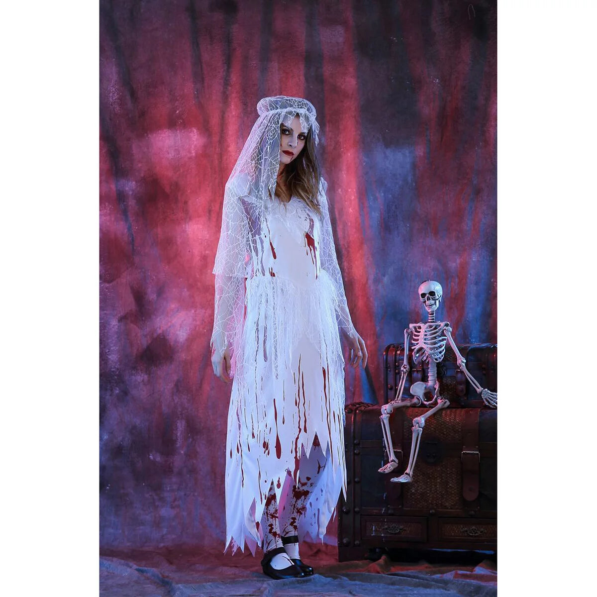 Adult Women's Irregular Blood Corpse Bride Halloween Long Dress Party Cosplay Costume with Veil - Size M (White)