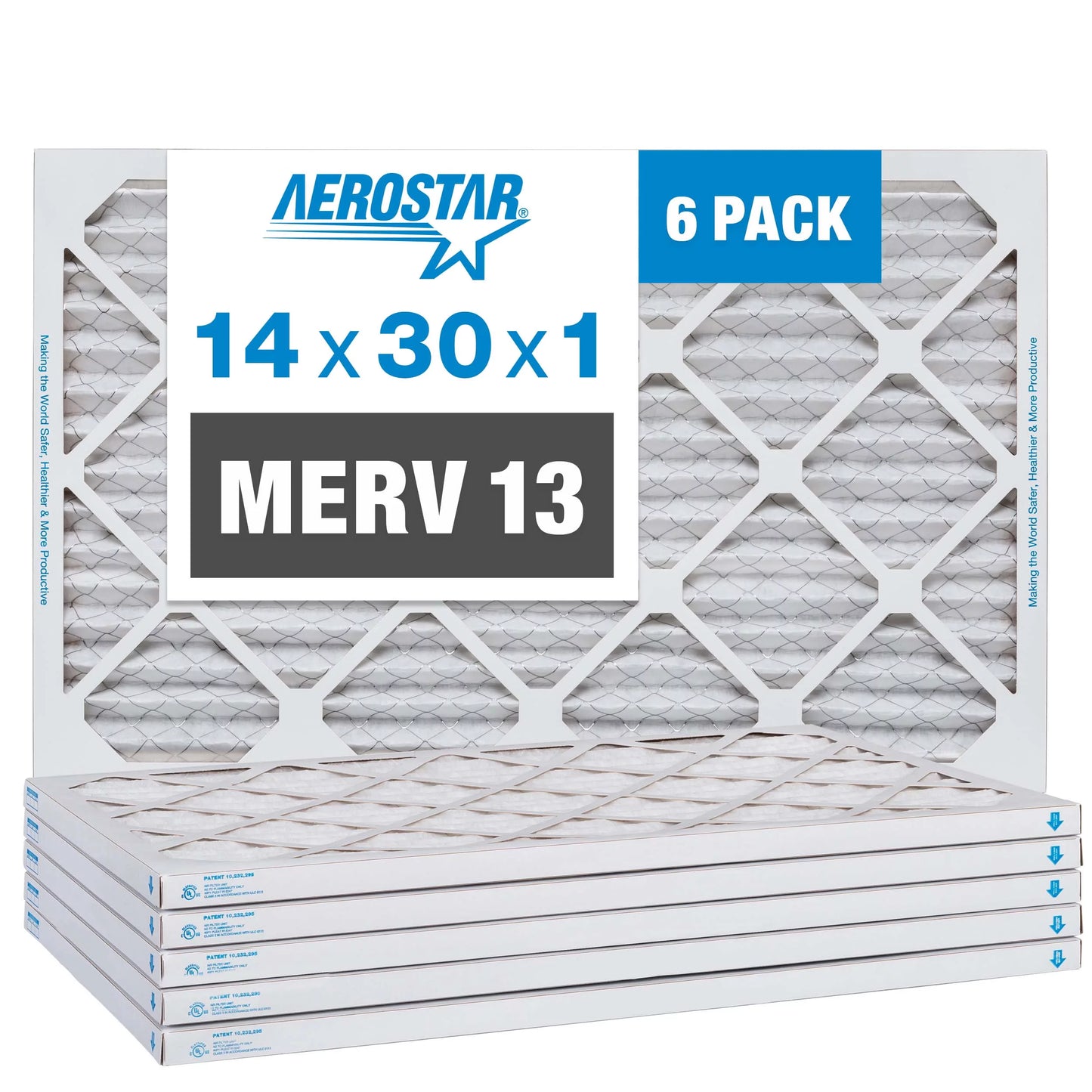 Aerostar 14x30x1 MERV 13 Pleated Air Filter, AC Furnace Air Filter, 6 Pack