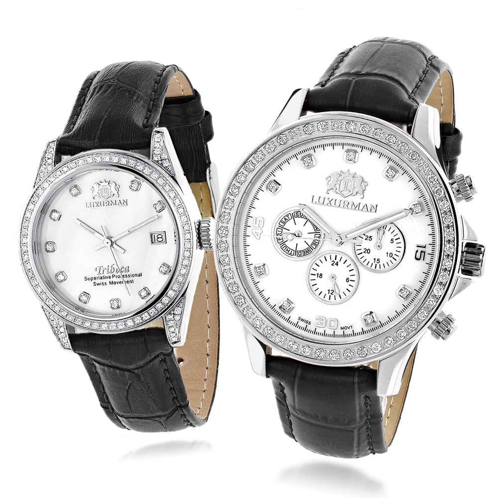 Swiss Mvt Matching His and Hers Real Diamond Watches w Black Leather Band White MOP