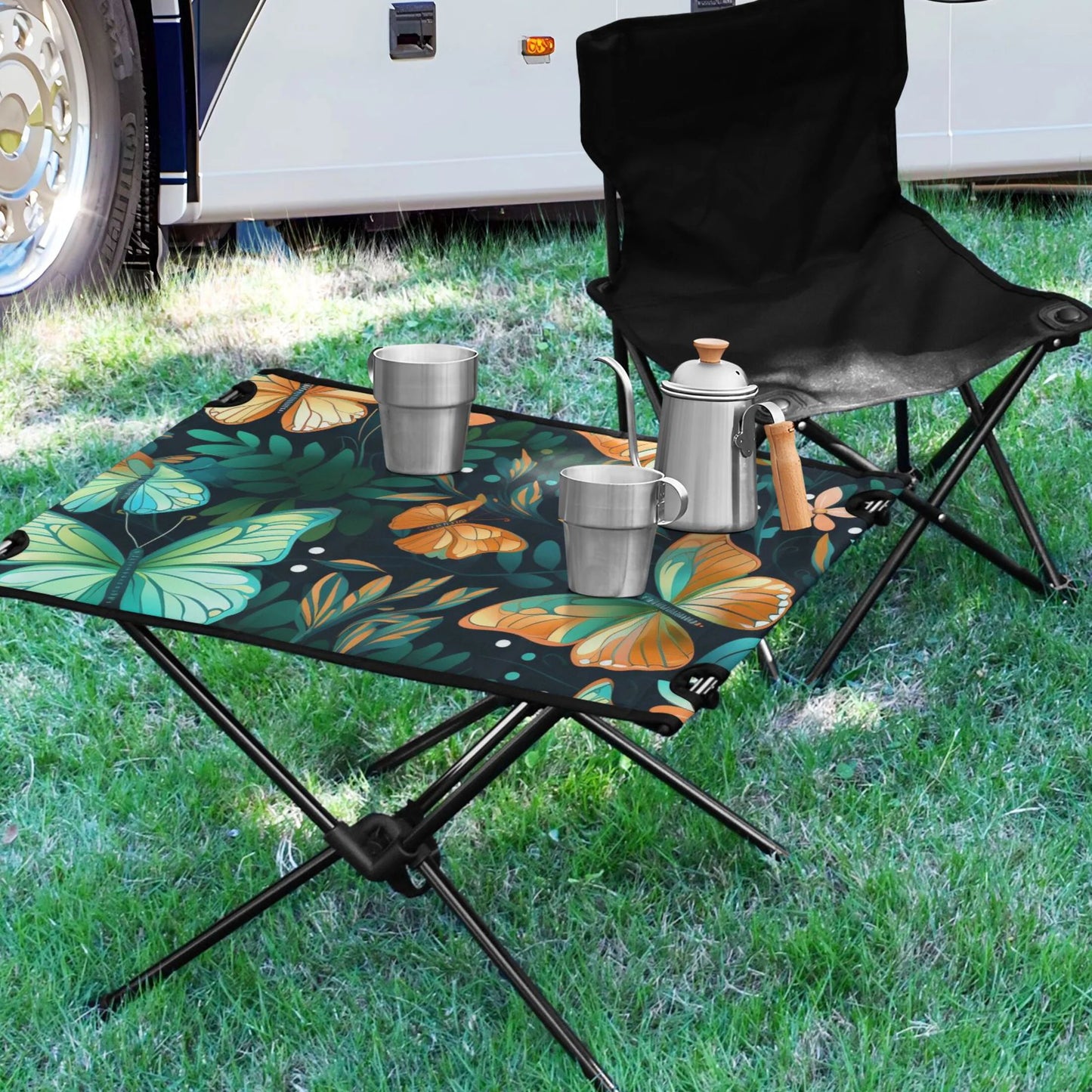 Butterfly Floral Leave Camping Folding Table Portable Beach Table with Storage Bag Compact Picnic Table for Outdoor Travel Fishing BBQ