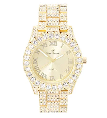 Charles Raymond Women's Big Rocks Blinged Out Dial with Roman Numerals Fully Iced Out Hip Hop Wristwatch - ST10327LA (Gold-Gold)