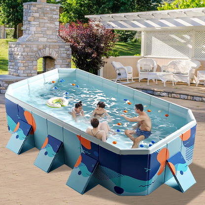 ANJORALA 113" Collapsible Swimming Pool Non-Inflatable Kiddie Pool Above Ground for Garden Backyard(Blue)