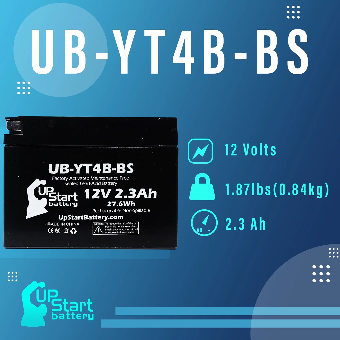 2-Pack UpStart Battery Replacement 2009 Yamaha SR400 400CC Factory Activated, Maintenance Free, Motorcycle Battery - 12V, 2.3Ah, UB-YT4B-BS