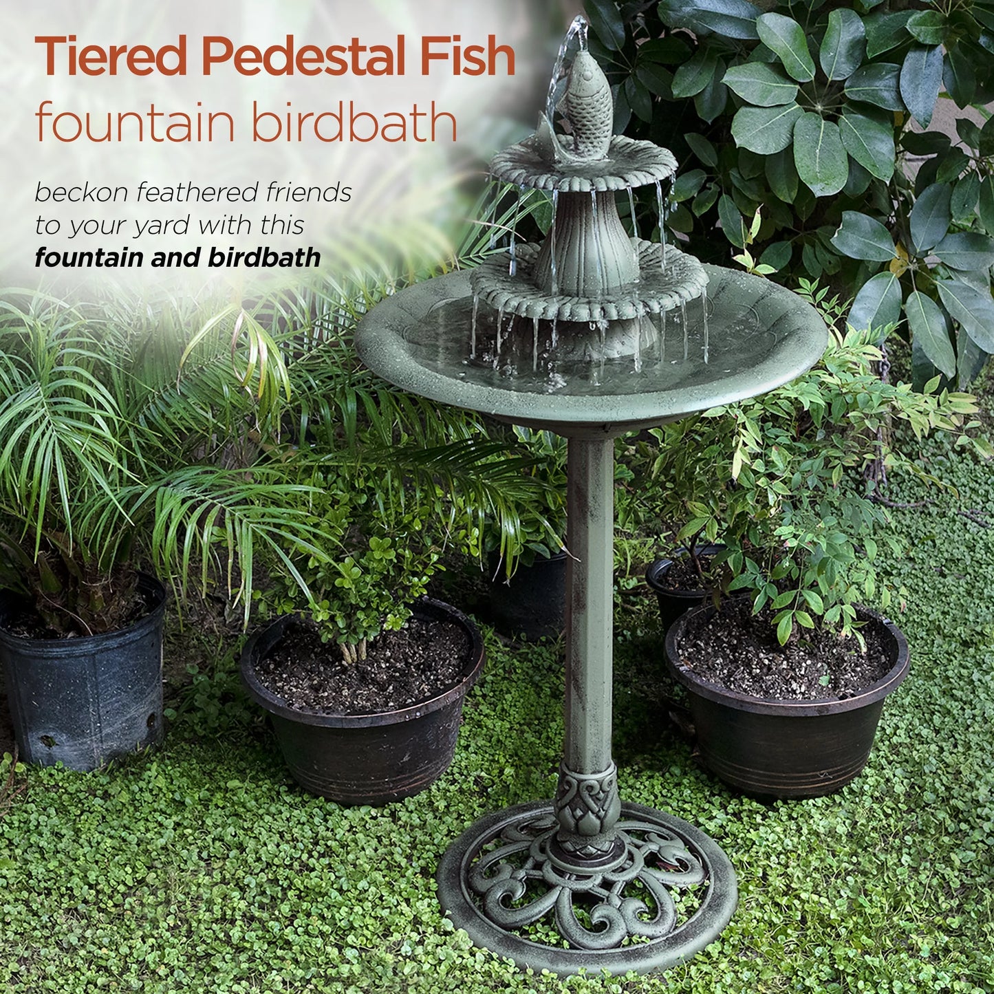 Alpine Corporation Plastic 3-Tier Pedestal Fountain Bird Bath, Green