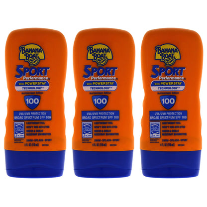 Banana Boat Sport Performance with Powerstay Technology Sunscreen Lotion SPF 100 - Pack of 3, Lotion 4 oz