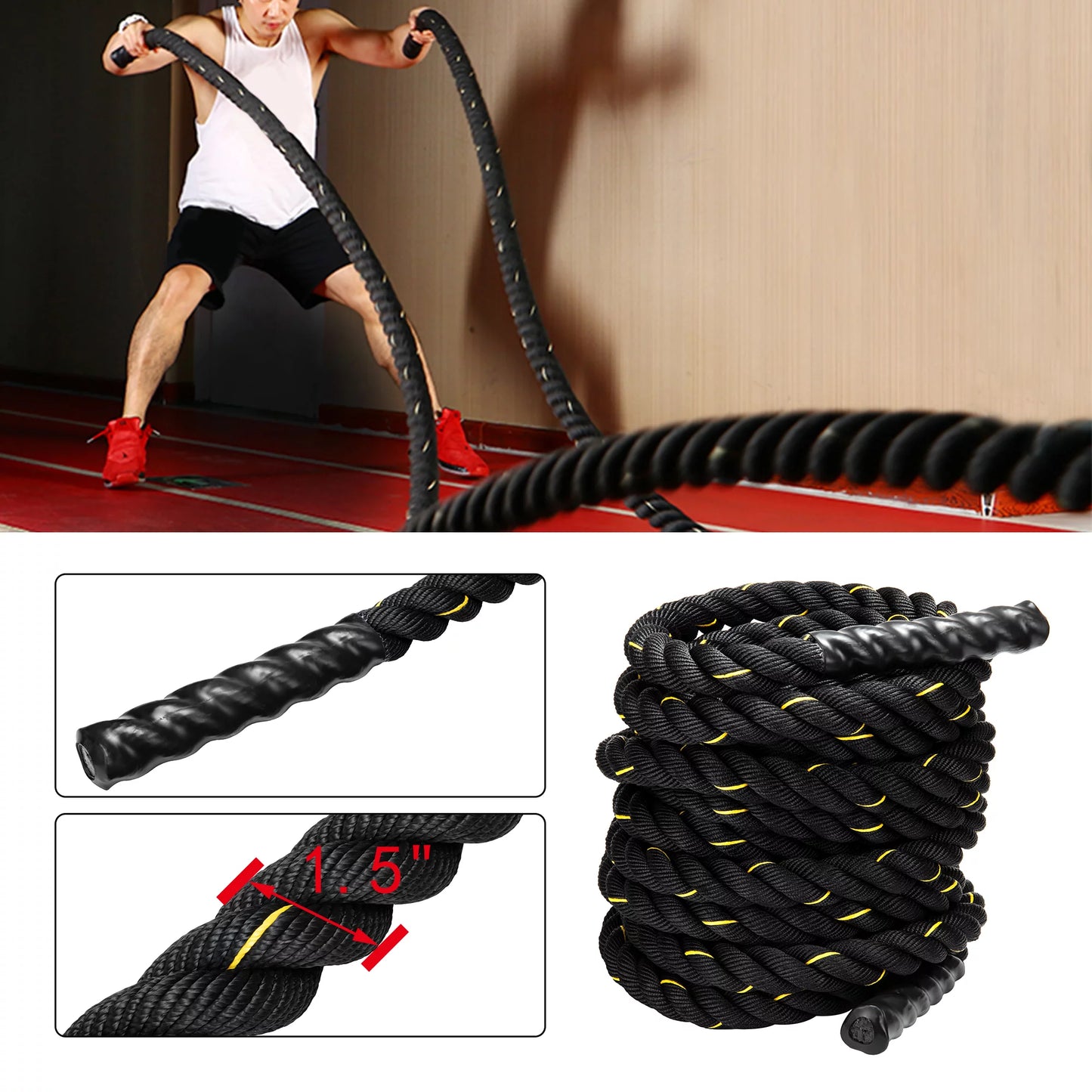 50Ft Length Fitness Battle Rope Gym Workout Strength Training Conditioning Undulation Power Exercise Combat Ropes