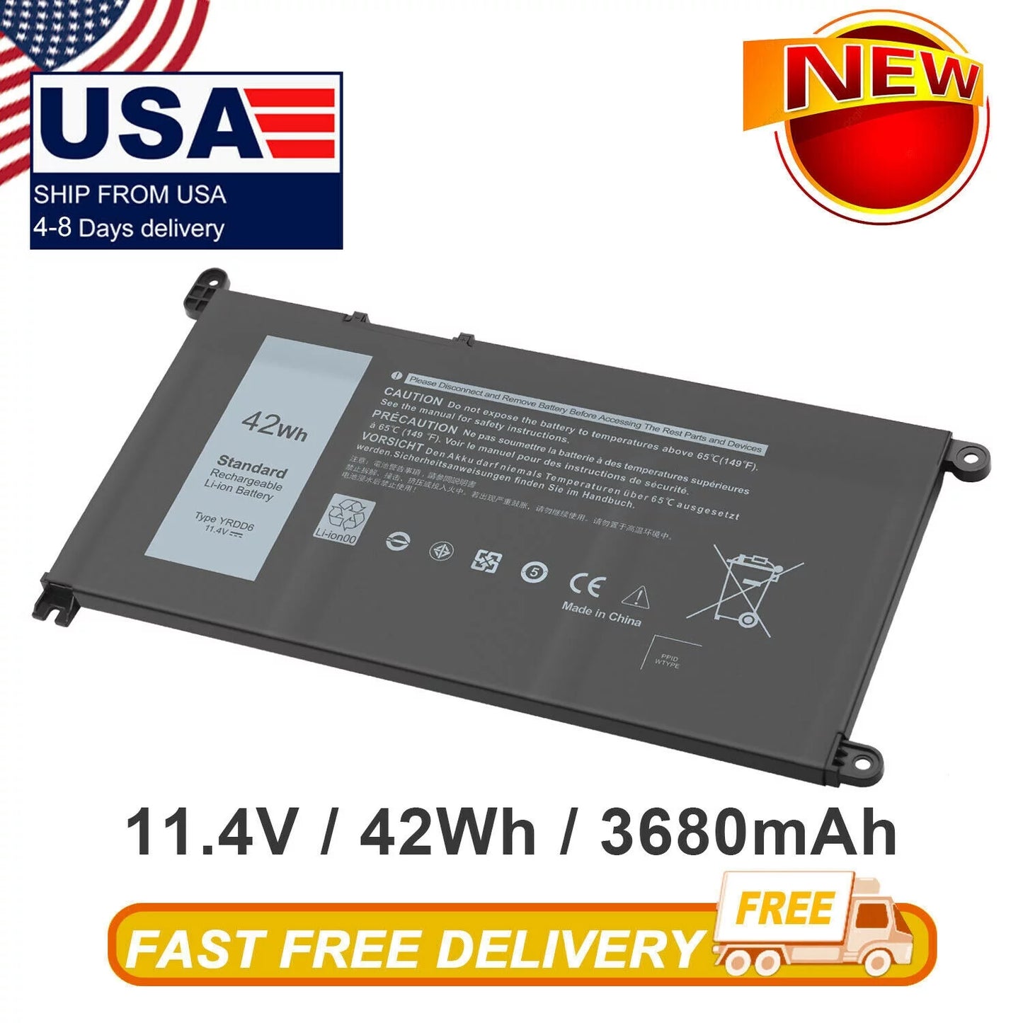 42Wh YRDD6 Laptop Battery for Dell Inspiron 7586 5482 5485 5491 3310 3493 2in1