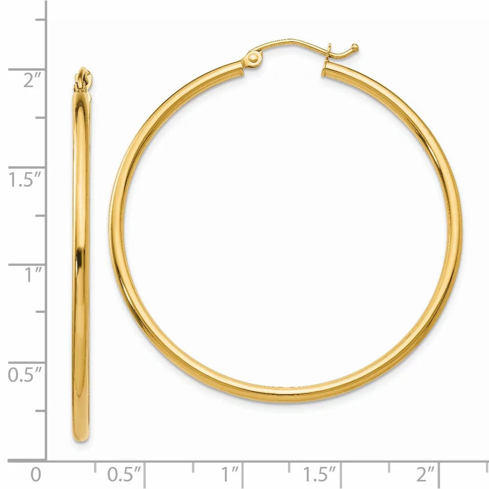 Real 14kt Yellow Gold Polished 2mm Lightweight Tube Hoop Earrings; for Adults and Teens; for Women and Men