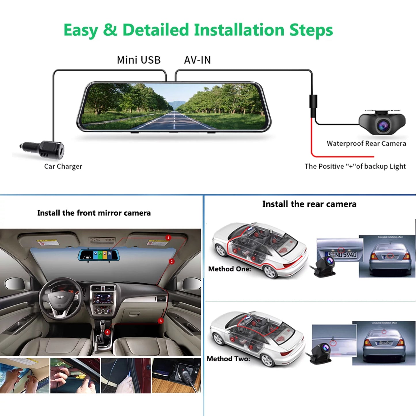 10" Touch Screen Mirror Dash Camera, 1080P Dual Dash Cam Kit Front and Rear View, Backup Camera for Cars, Super Night Vision, Motion Detection,Reversing Assistance, Loop Recording