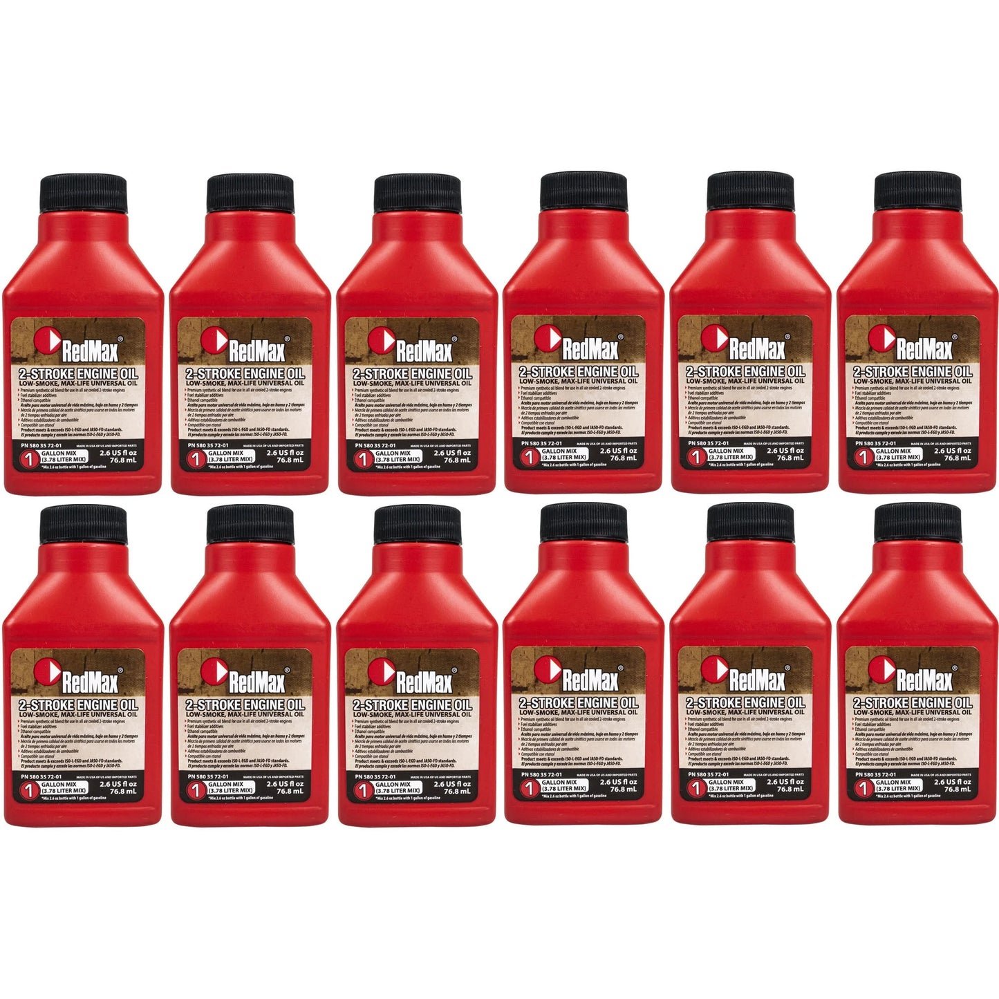 12pk 2.6oz Bottles RedMax Synthetic 2 Stroke Cycle Oil w/ Fuel Stabilizer 50:1 1gal