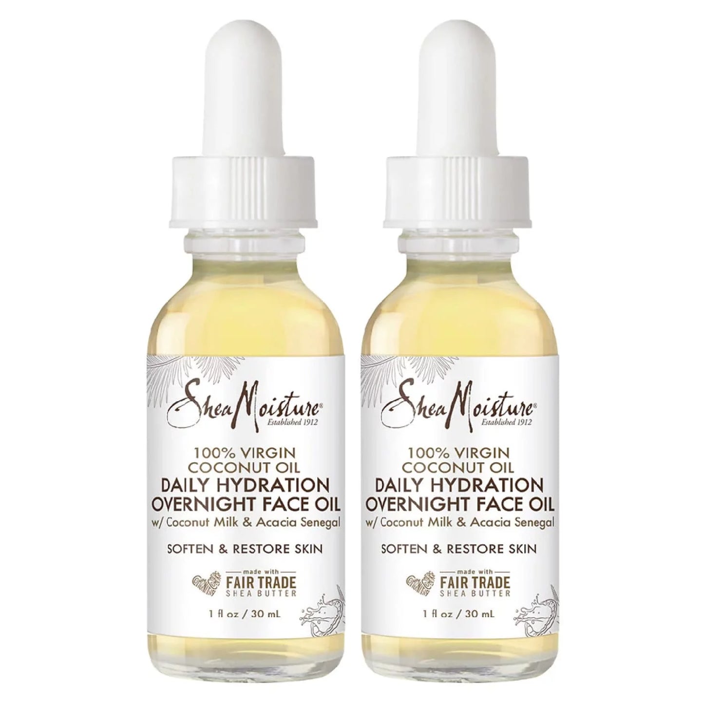 Sheamoisture Skin Care, Overnight Face Oil For All Skin Types, 100% Virgin Coconut Oil For Daily Hydration, Pack Of 2-1 Oz Ea