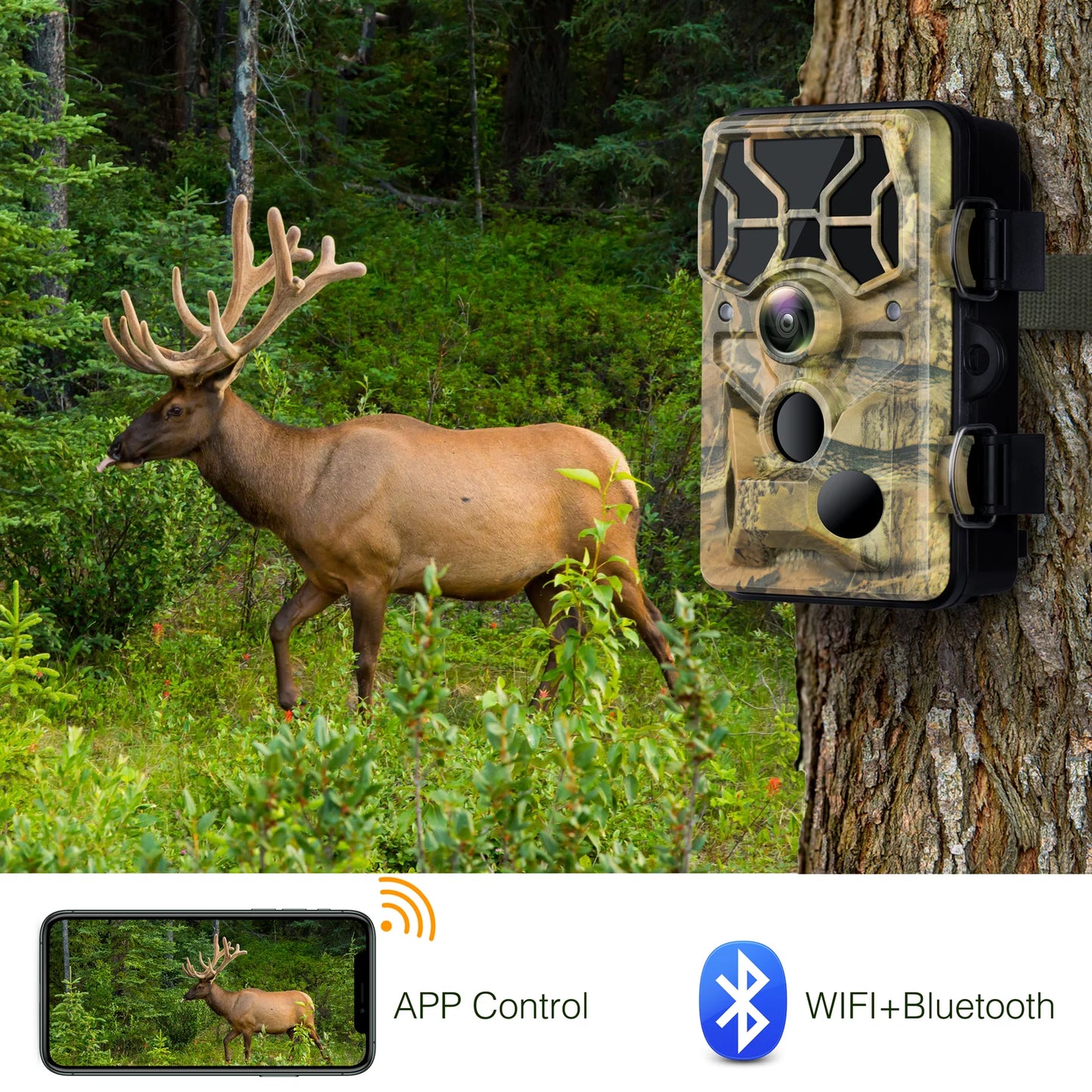 TOGUARD Trail Camera with SD Card WiFi Bluetooth 20MP 1296P Game Camera with 3PIR Night Vision Waterproof IP66 Motion Detection 120° Wide Angle Trail Cam for Hunting Wildlife Monitoring