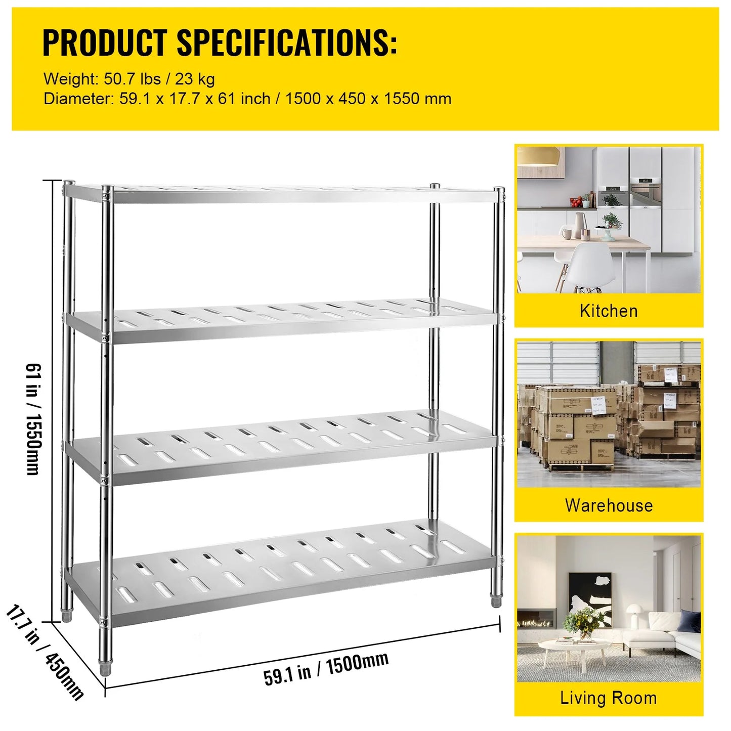 BENTISM Garage Shelf Heavy Duty Shelving 4-Tier 59.1x17.7x61in Stainless Steel