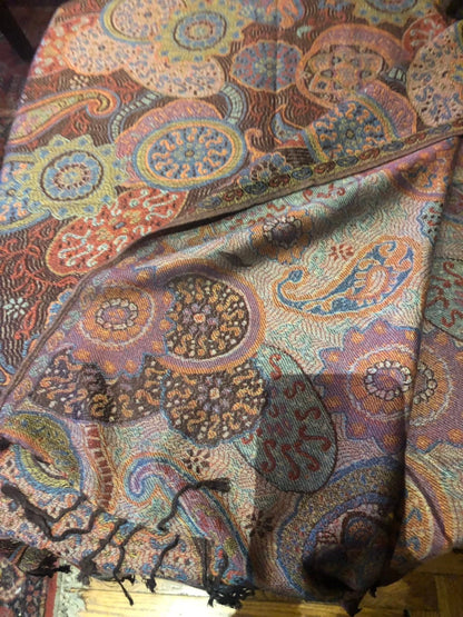 Vintage Brown Orange Paisley Brocade Pashmina Scarf Wrap