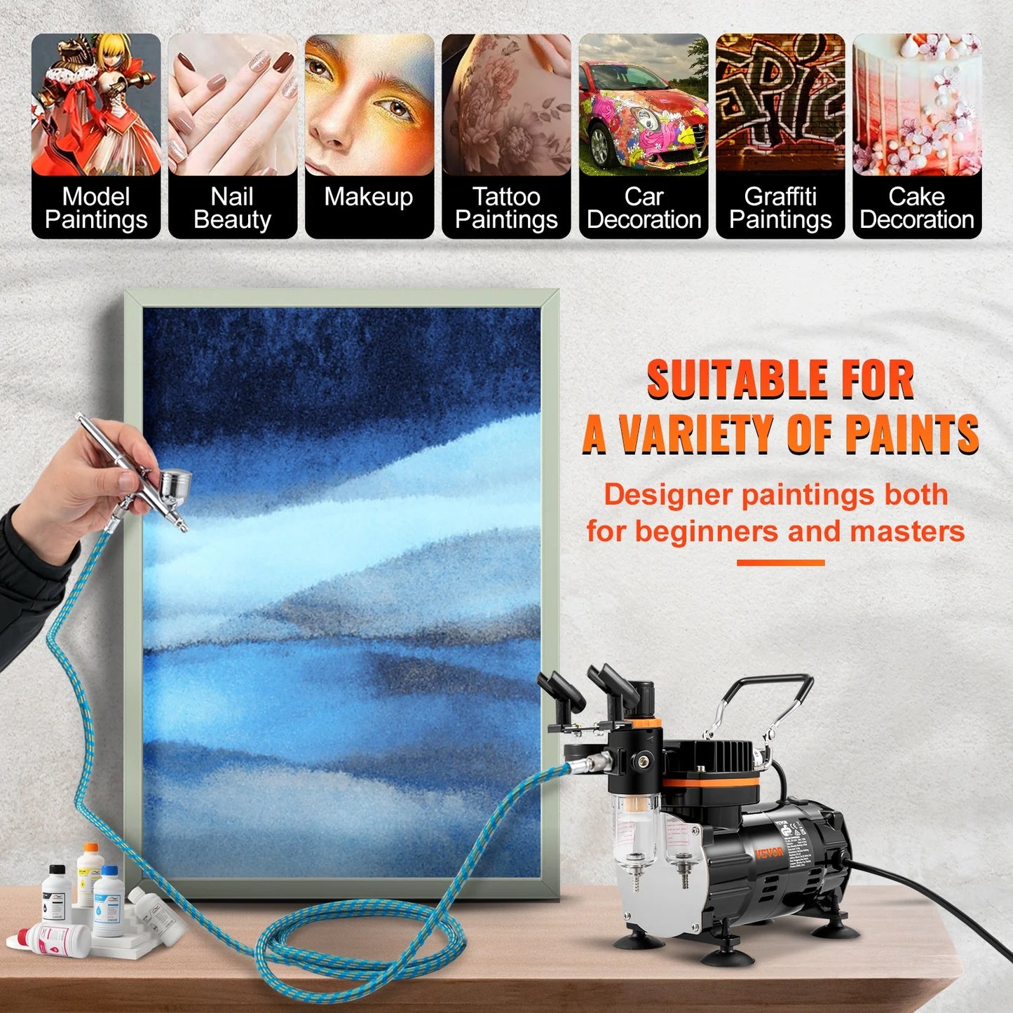 VEVOR Airbrush Kit, Professional Airbrush Set with Compressor, Airbrushing System Kit with Multi-purpose Dual-action Gravity Feed Airbrushes, Art Nail Cookie Tatto