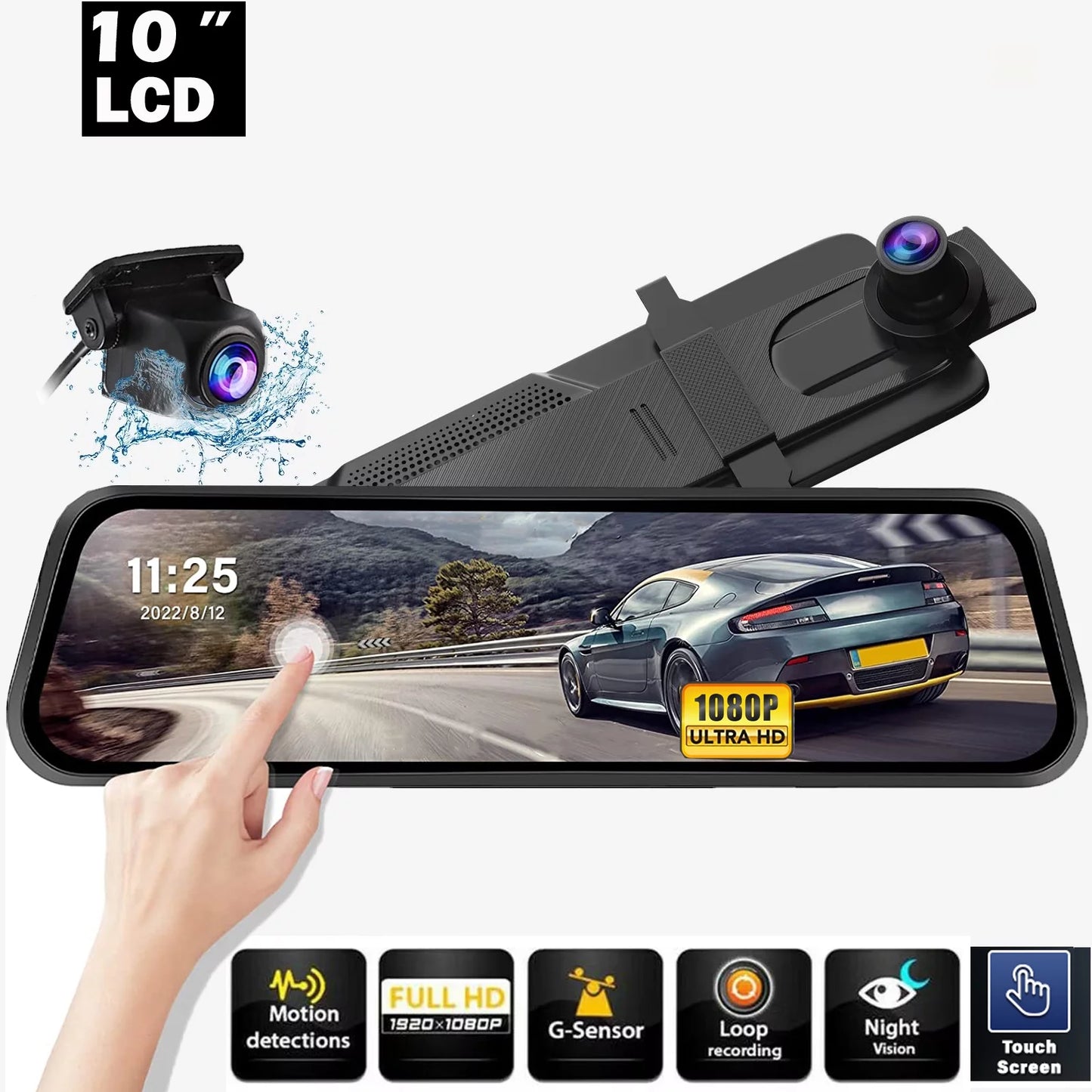 10" Touch Screen Mirror Dash Camera, 1080P Dual Dash Cam Kit Front and Rear View, Backup Camera for Cars, Super Night Vision, Motion Detection,Reversing Assistance, Loop Recording