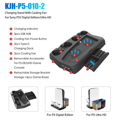 Charging Dock For PS5 Controller w/Console Stand Cooling Fans 14 Games Disk Slot