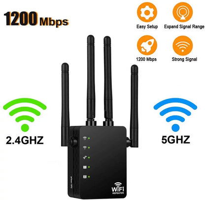 "Happyline" WiFi Range Extender 1200Mbps WiFi Repeater Wireless Signal Booster, 2.4 & 5GHz Dual Band WiFi Extender with Gigabit Ethernet Port, Extend WiFi Signal to Smart Home & Alexa Devices