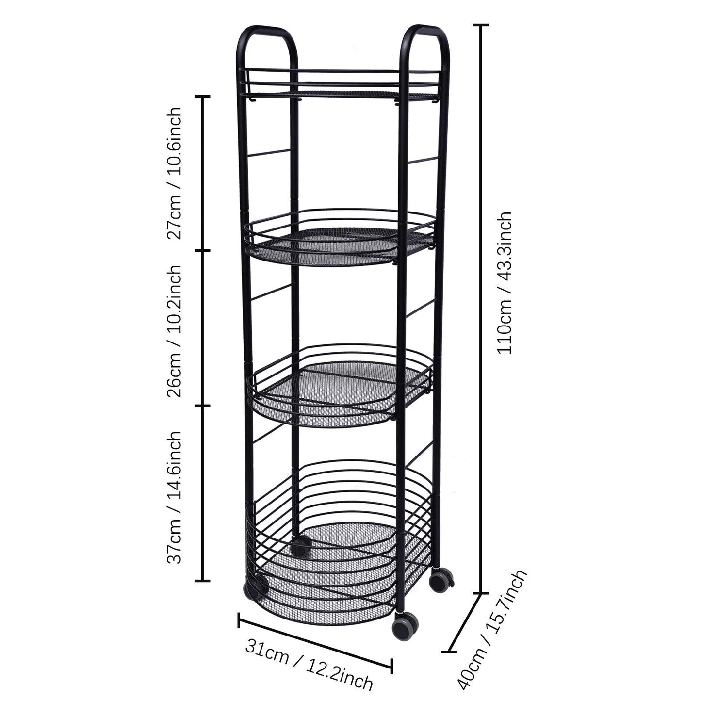 4 Tier Rolling Cart, Kitchen Storage Organizer Utility Cart, Metal Basket Storage Art Trolley Carts with Rims, Black