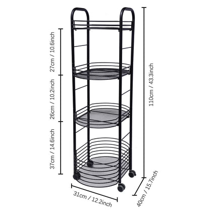 4 Tier Rolling Cart, Kitchen Storage Organizer Utility Cart, Metal Basket Storage Art Trolley Carts with Rims, Black