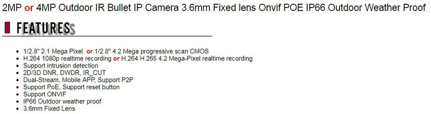 CCTV Eyemax 2MP Outdoor IR Bullet IP Security Camera 3.6mm Fixed lens Onvif POE IP66 Outdoor Weather Proof