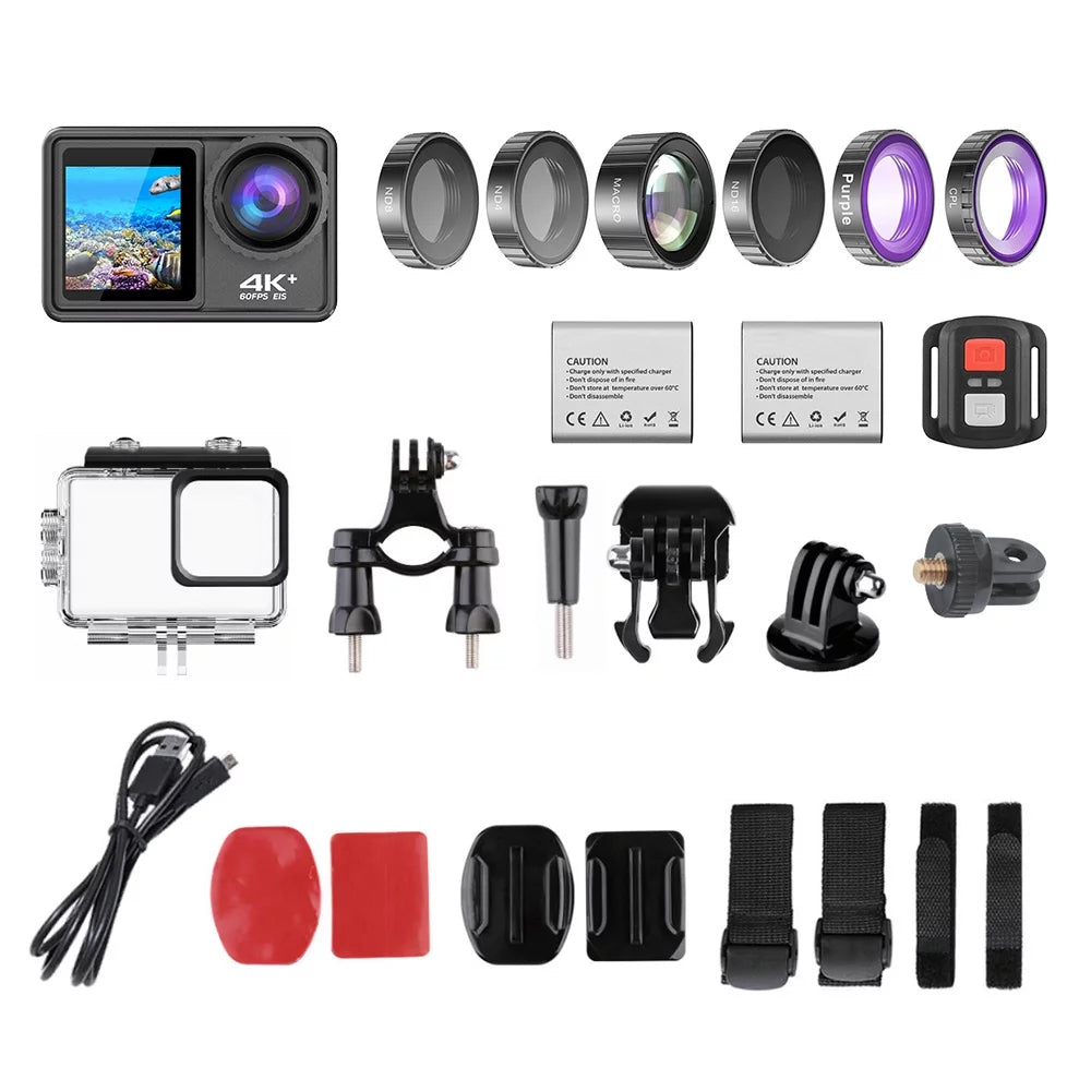 4K 24MP Dual Screen Sport DV Camcorder 2.0 Inch Screen 170° Wide Angle EIS 40m Waterproof WiFi with Macro CPL ND4 8 16 Purple Lens for Outdoor Sports