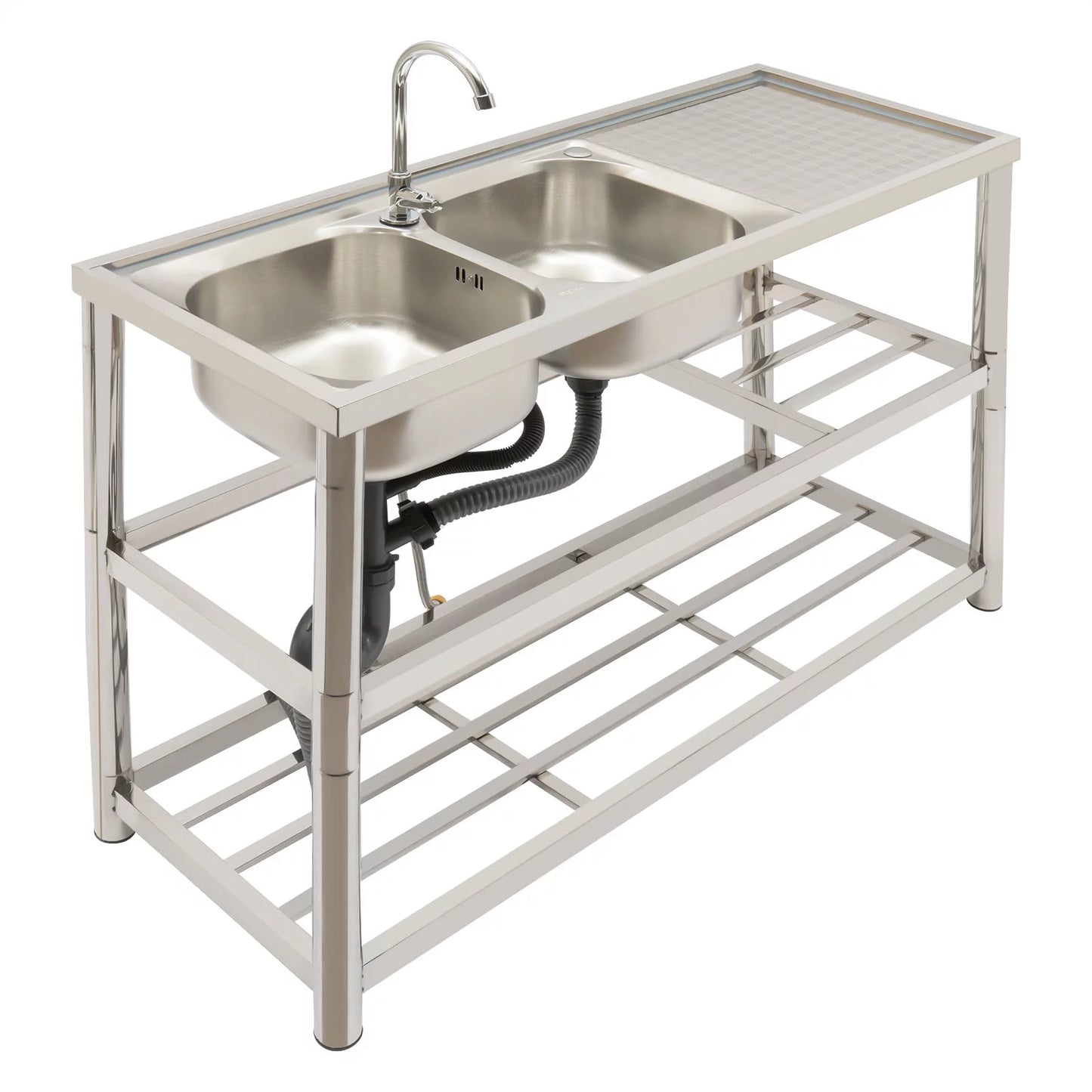 Aiqidi Commercial Stainless Steel Sink Double Bowl Freestanding Restaurant Kitchen Prep & Utility Sink Basin with Faucet+Drainpipe