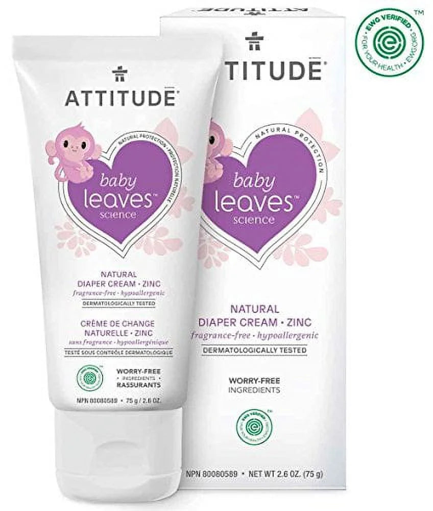 ATTITUDE Natural Zinc Diaper Cream , EWG VERIFIED, Hypoallergenic, Dermatologist Tested and Fragrance-Free Diaper Rash Cream , Blocks Moisture, Prevents Irritation , Baby leaves (2,6 Fluid Ounce)