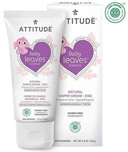 ATTITUDE Natural Zinc Diaper Cream , EWG VERIFIED, Hypoallergenic, Dermatologist Tested and Fragrance-Free Diaper Rash Cream , Blocks Moisture, Prevents Irritation , Baby leaves (2,6 Fluid Ounce)