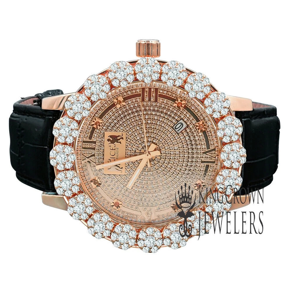 Roman Face Mens Genuine Diamond Dial Rose Gold Tone Flower Bezel Khronos Genuine Leather Wrist Watch W/Date