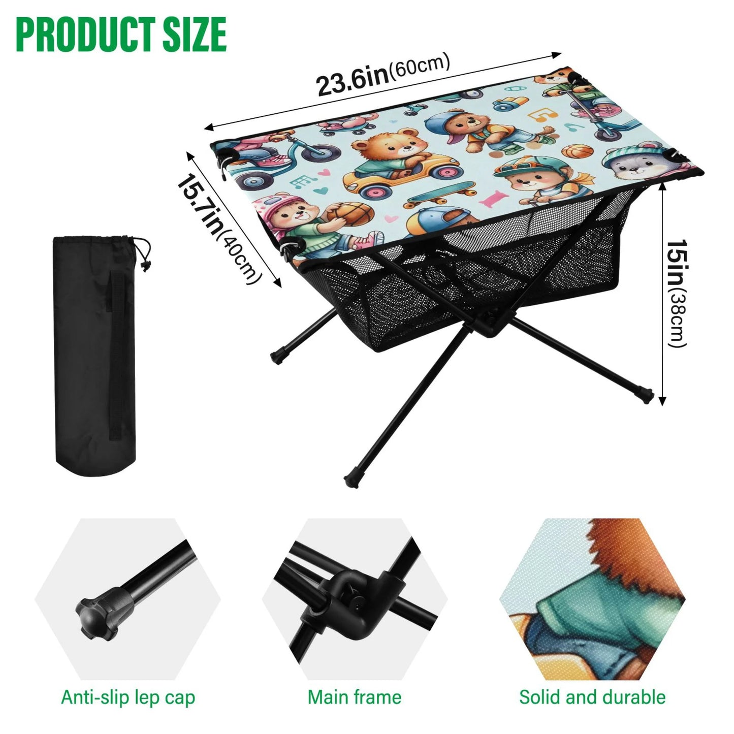 Cartoon Bear Driving Camping Folding Table Portable Beach Table with Storage Bag Compact Picnic Table for Outdoor Travel Fishing BBQ