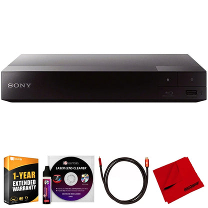 Sony BDPBX370 Streaming Blu-Ray Disc Player with WiFi Bundle with Deco Gear 6FT 4K HDMI Cable, Microfiber Cleaning Cloth, Deco Essentials Laser Lens Cleaner & 1 Year CPS Enhanced Protection Pack